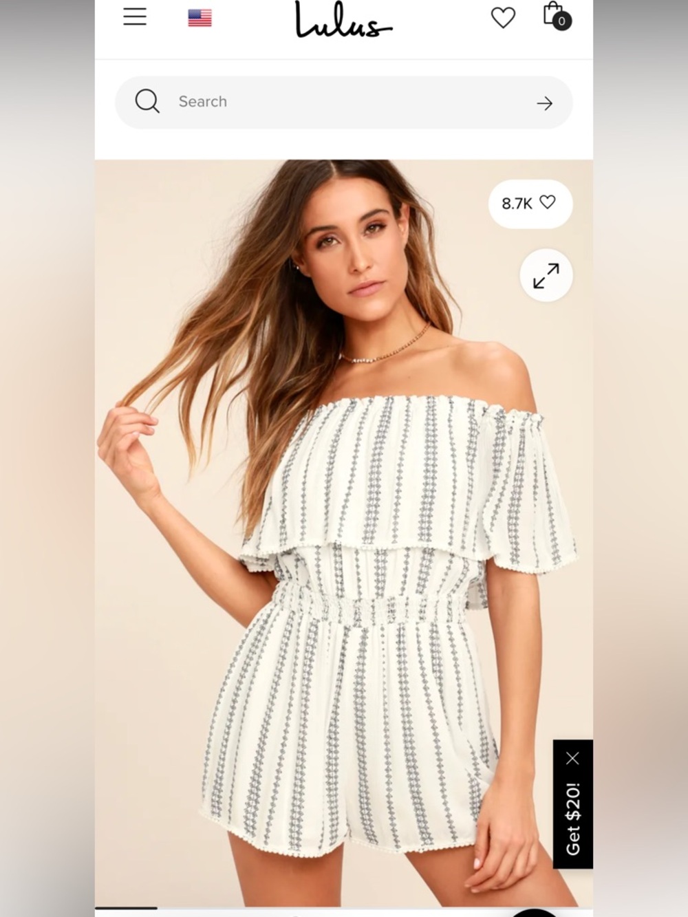 Lulu's off shoulder boho romper striped festival White Navy Embroidery summer S - Picture 3 of 13